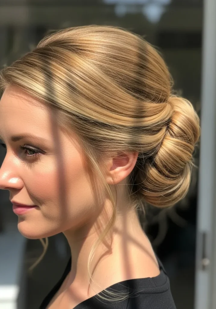 Blonde highlighted hair styled into a twisted low bun with soft texture.
