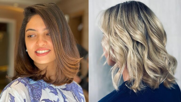 A side-by-side comparison displays two elegant shoulder-length hairstyles, featuring a sleek brunette lob with soft turned-in ends on the left and a blonde wavy cut with textured layers on the right.