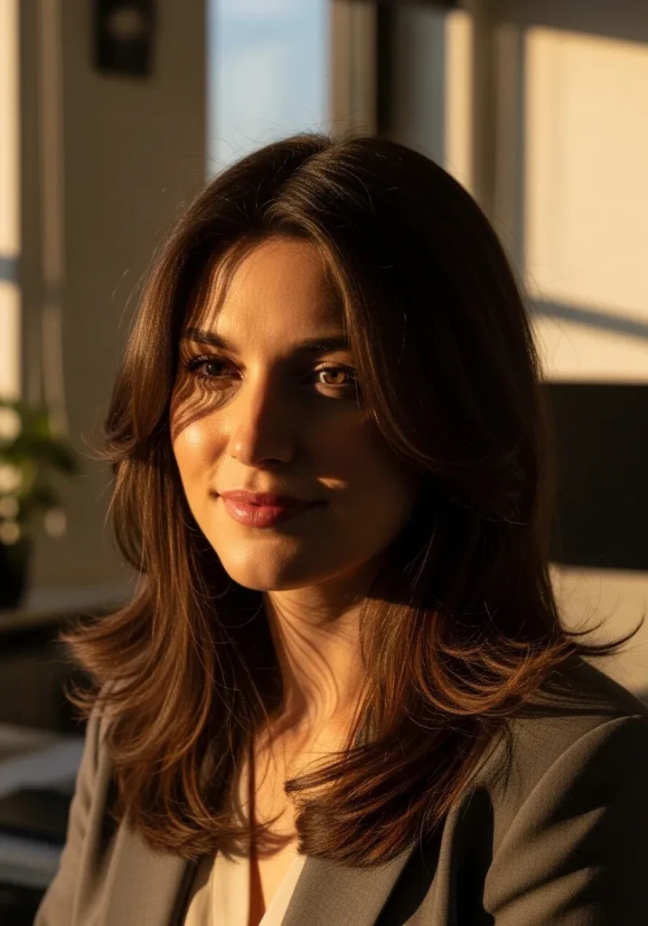 Mid length layered hair with smooth finish and subtle movement at the ends.