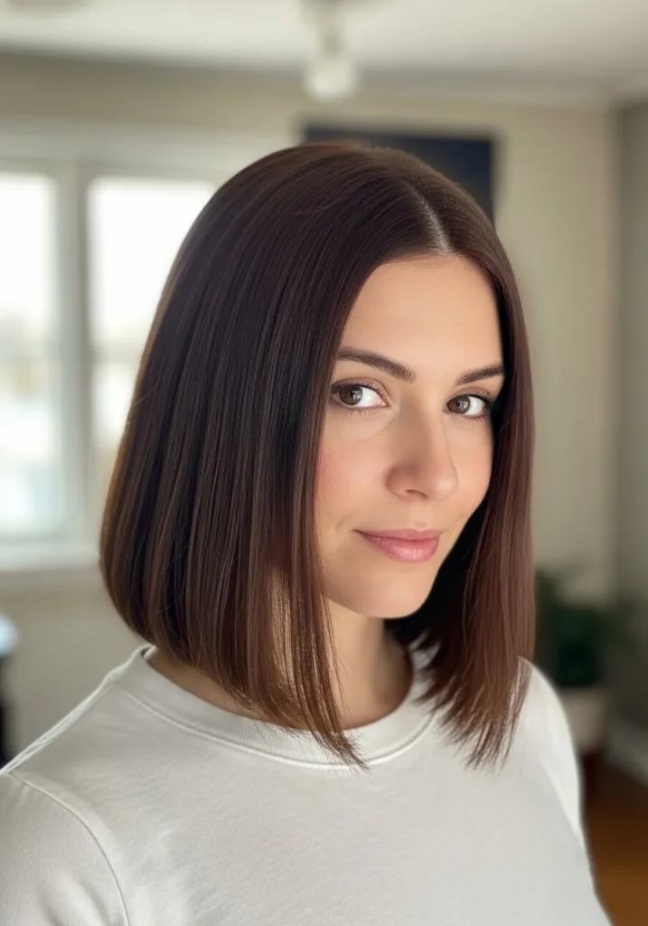 Straight shoulder length blunt bob with a smooth and polished finish.
