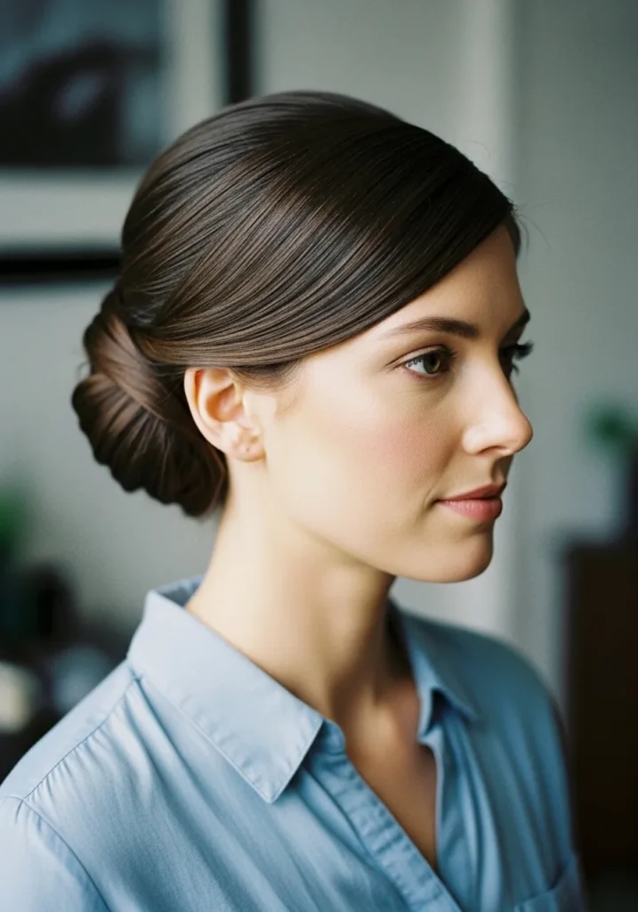 Low twisted bun with a smooth side part and sleek finish.