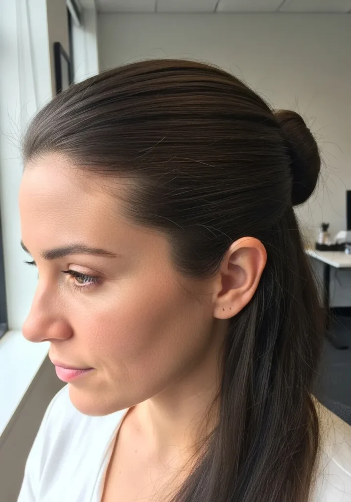 Half up hairstyle with sleek crown and straight hair left down.