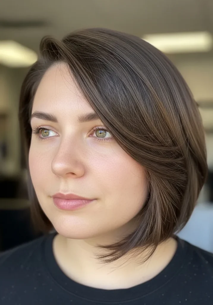 Rounded bob with a side part and soft layered shape.