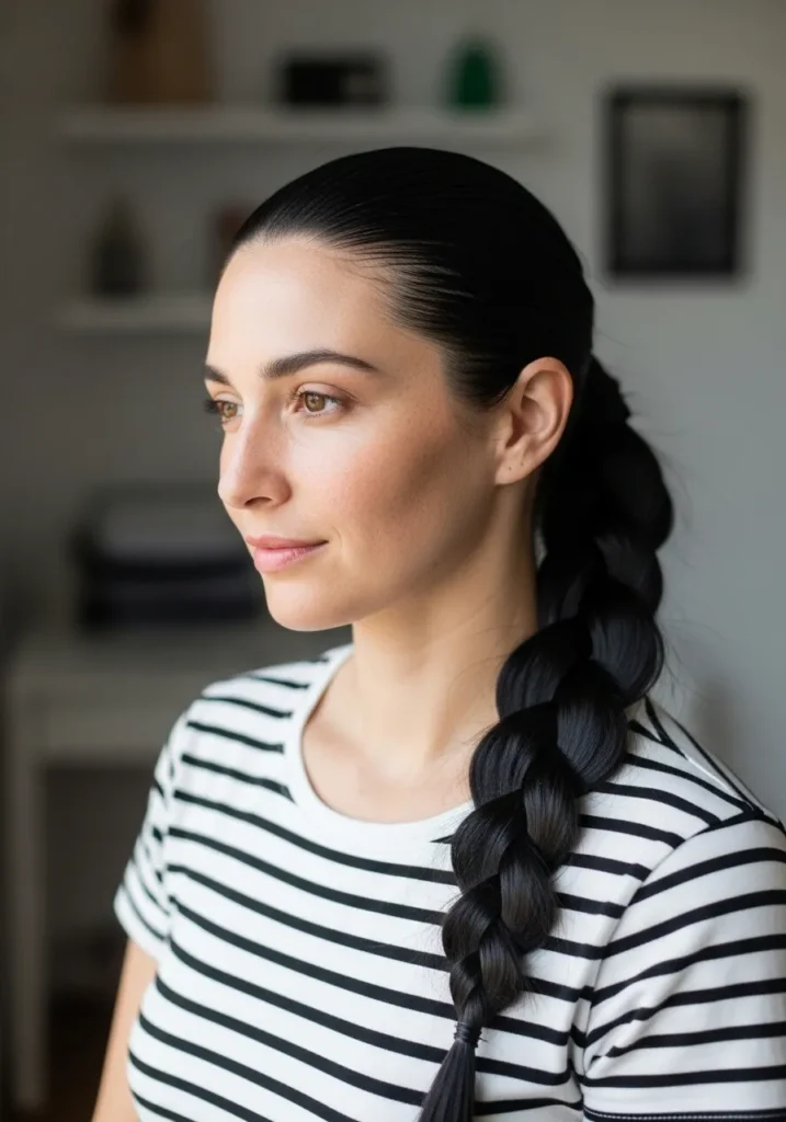 Long thick braid with sleek roots and smooth finish.