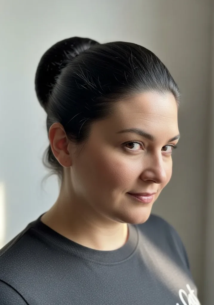 High sleek bun with smooth pulled back hair and clean finish.