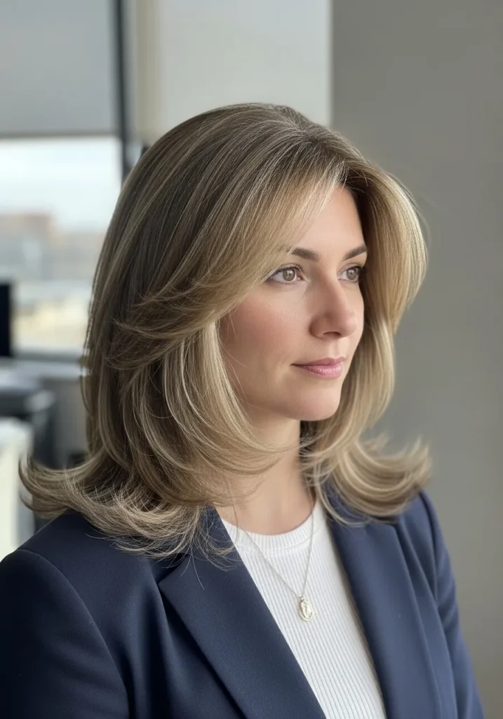 Medium length layered blowout with soft volume and face framing layers.