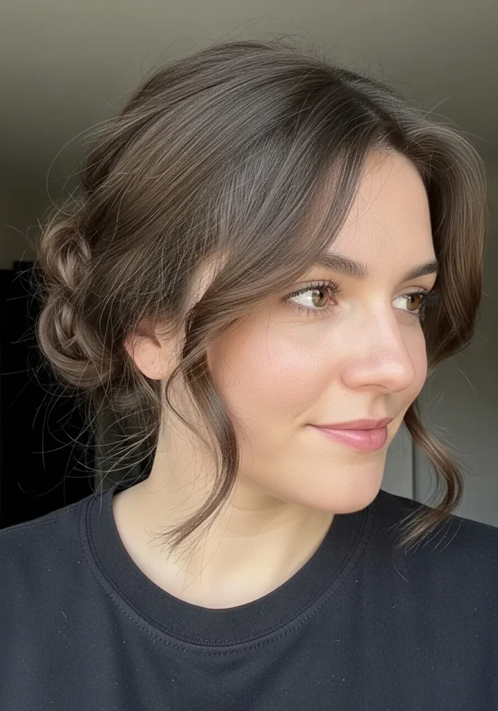 Loose low updo with soft face framing strands and natural texture.