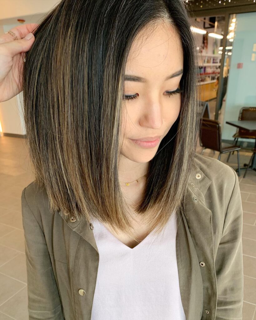 Straight collarbone length hair with subtle layers and lighter ends.