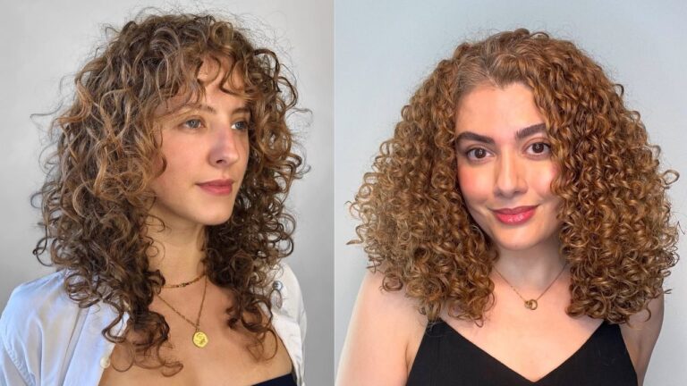 Two women with medium-length curly hair in warm brown tones — one with loose, flowing curls and wispy bangs, the other with tighter, more defined ringlets framing the face.