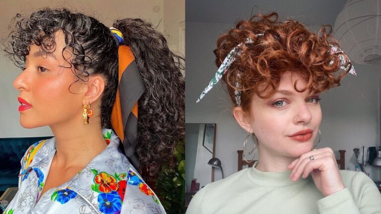 A side-by-side comparison displays two curly brunette hairstyles, featuring a voluminous, shoulder-length cut with defined curls and short bangs on the left and a longer, layered style with soft, face-framing ringlets on the right.