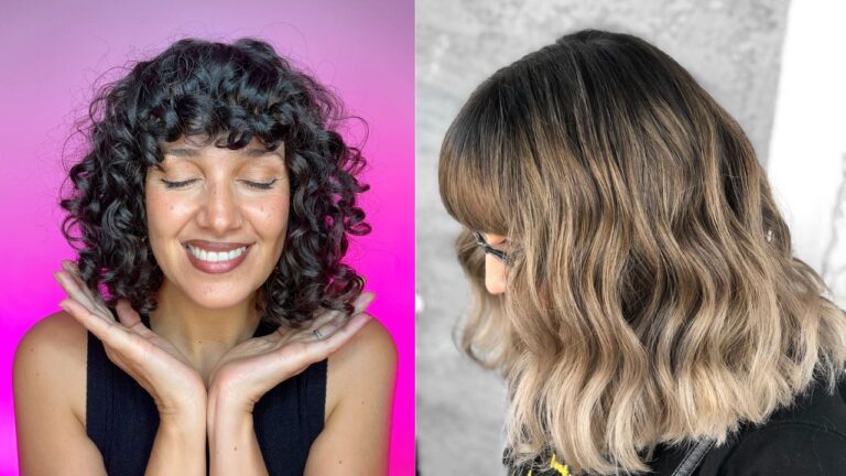A side by side image showing a short curly bob with full bangs and a wavy shoulder length bob with soft blended fringe.