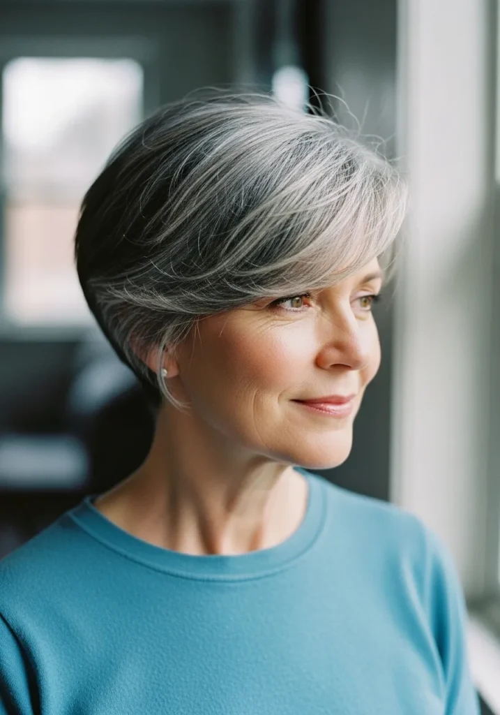 A woman with a feathered gray pixie haircut and side swept bangs.