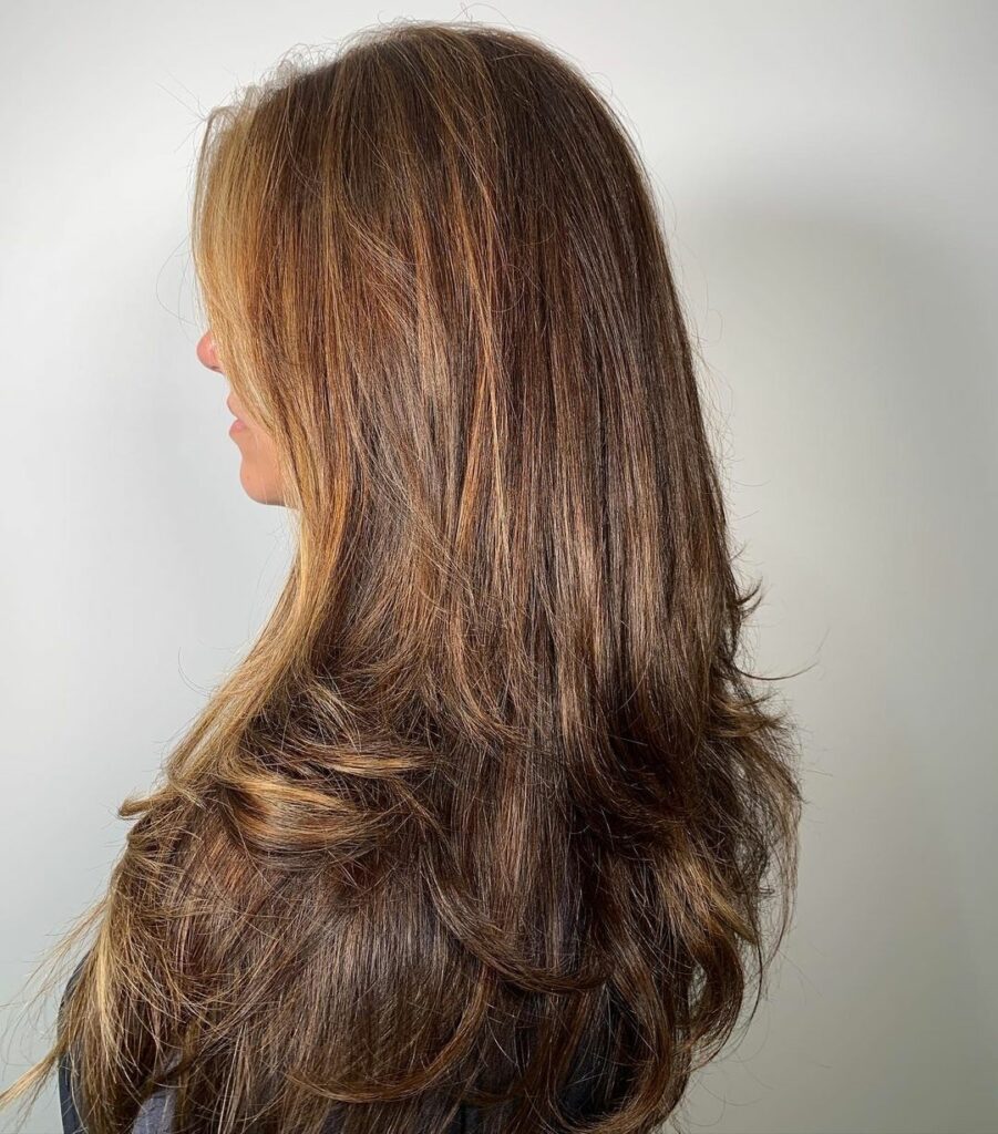 A side profile of a woman with long layered brunette hair featuring honey blonde highlights and feathered ends.