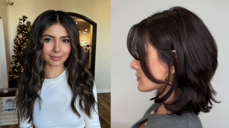 The Most Versatile Medium-Length Hairstyles Right Now A side-by-side comparison showing two dark brunette hairstyles: long beachy waves with curtain bangs on the left, and a sleek layered bob with side-swept bangs on the right.
