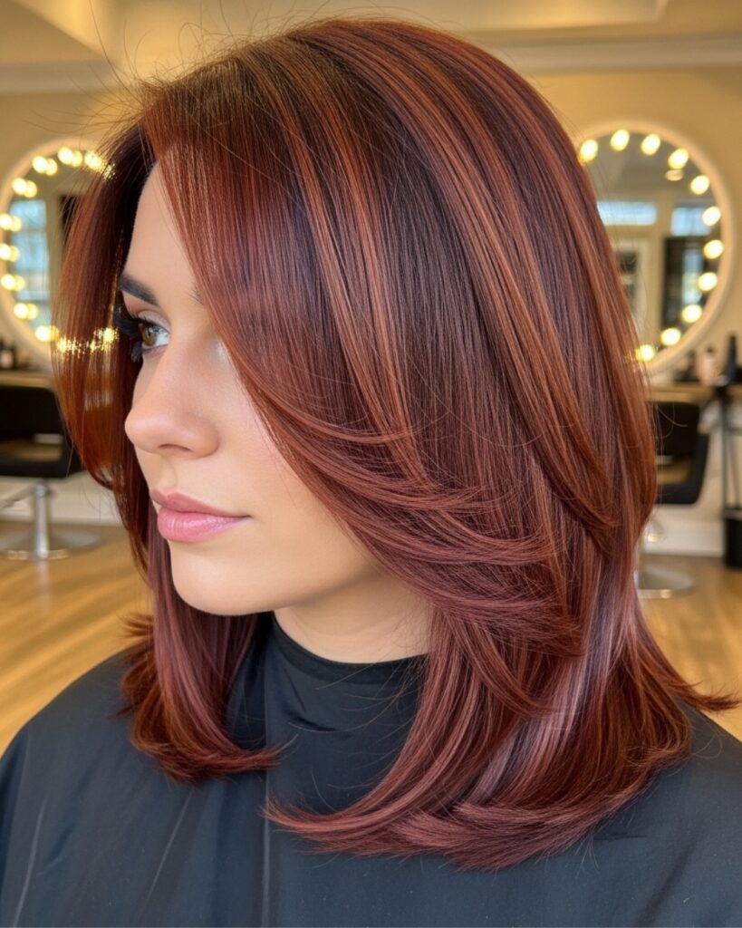 A woman with medium length copper red hair featuring dramatic sweeping layers and a smooth feathered finish.