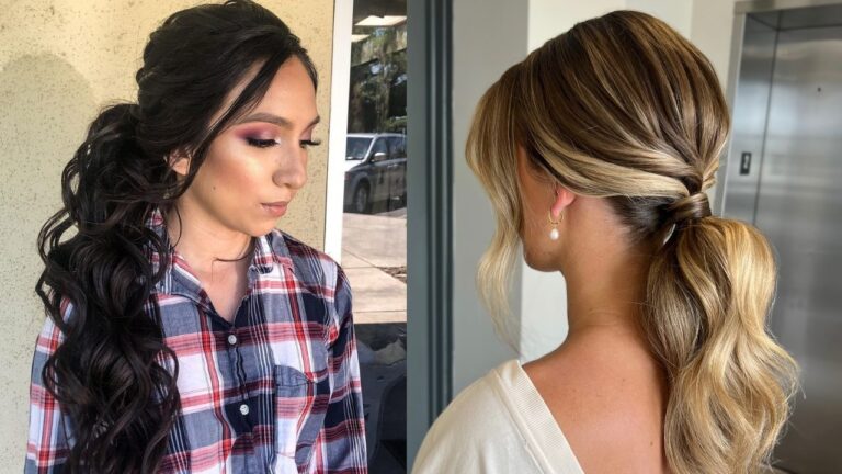 A side-by-side comparison showing two elegant hairstyles: a voluminous dark curly half-updo on the left, and a sleek low blonde ponytail with a twisted wrap detail on the right.