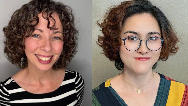 22 Practical Short Curly Hairstyles For Work That Look Professional This side-by-side comparison displays two practical short curly hairstyles for work, featuring a voluminous brunette curly bob with a playful face-framing fringe on the left and a sophisticated reddish-brown wavy bob with a deep side part on the right.