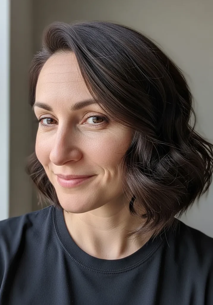 Short brunette bob with a side part styled in soft loose waves for a natural polished look.