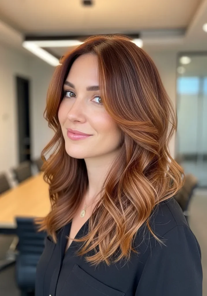 Shoulder length auburn hair styled in soft waves with subtle layers and natural volume.
