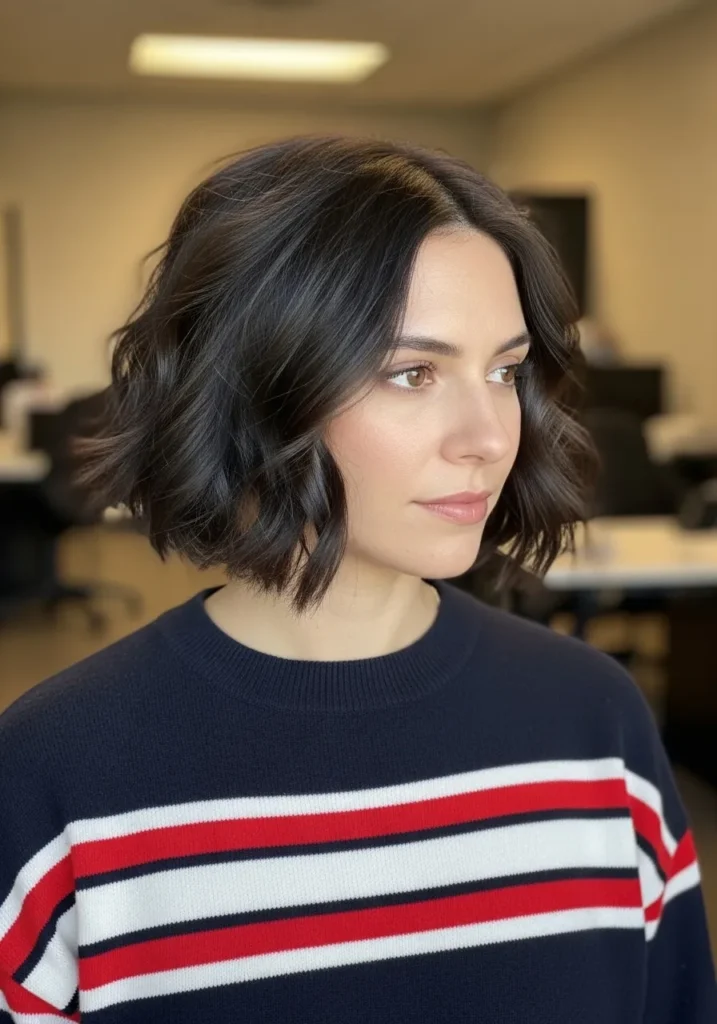 Short brunette bob styled in soft waves with natural volume and a relaxed finish.