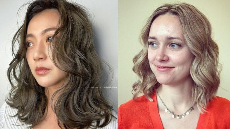 22 Professional Work Wavy Hairstyles That Look Refined Two women with shoulder length wavy hairstyles, one with soft tousled brunette waves and the other with polished blonde waves styled with a gentle side part.