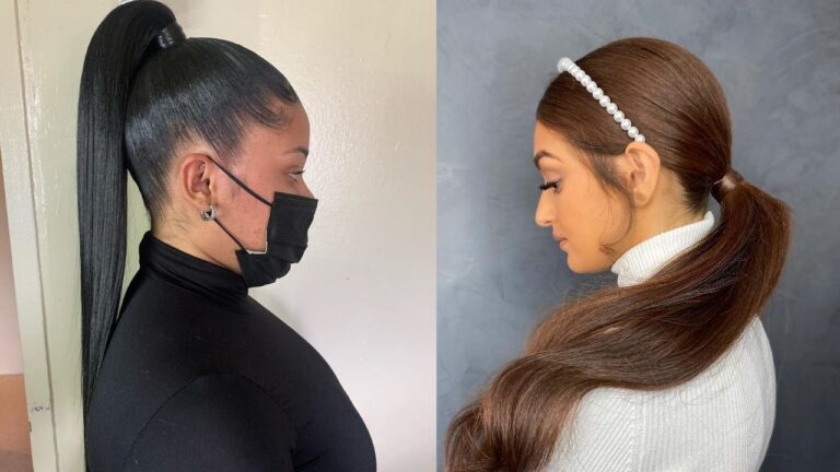 Two women demonstrate sleek ponytail styles, featuring a high, smooth brunette ponytail with a wrapped base on the left and a polished low ponytail with a clean middle part on the right.