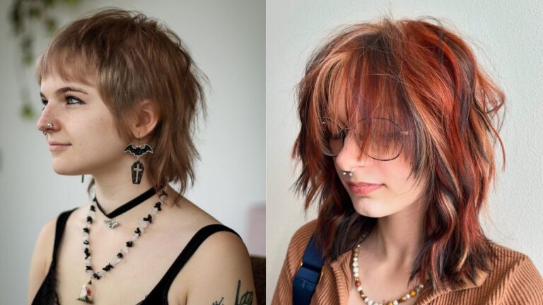 A side by side view of two shaggy tomboy hairstyles, one with a short layered mullet and the other with a textured bob featuring copper and auburn tones with soft fringe.
