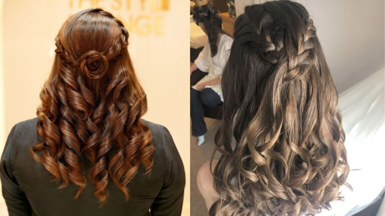 22 Stylish Braided Hairstyles For Long Curly Hair With Extra Detail Half up braided hairstyle with a rosette detail and loose flowing curls alongside a twisted braid style with soft voluminous waves.