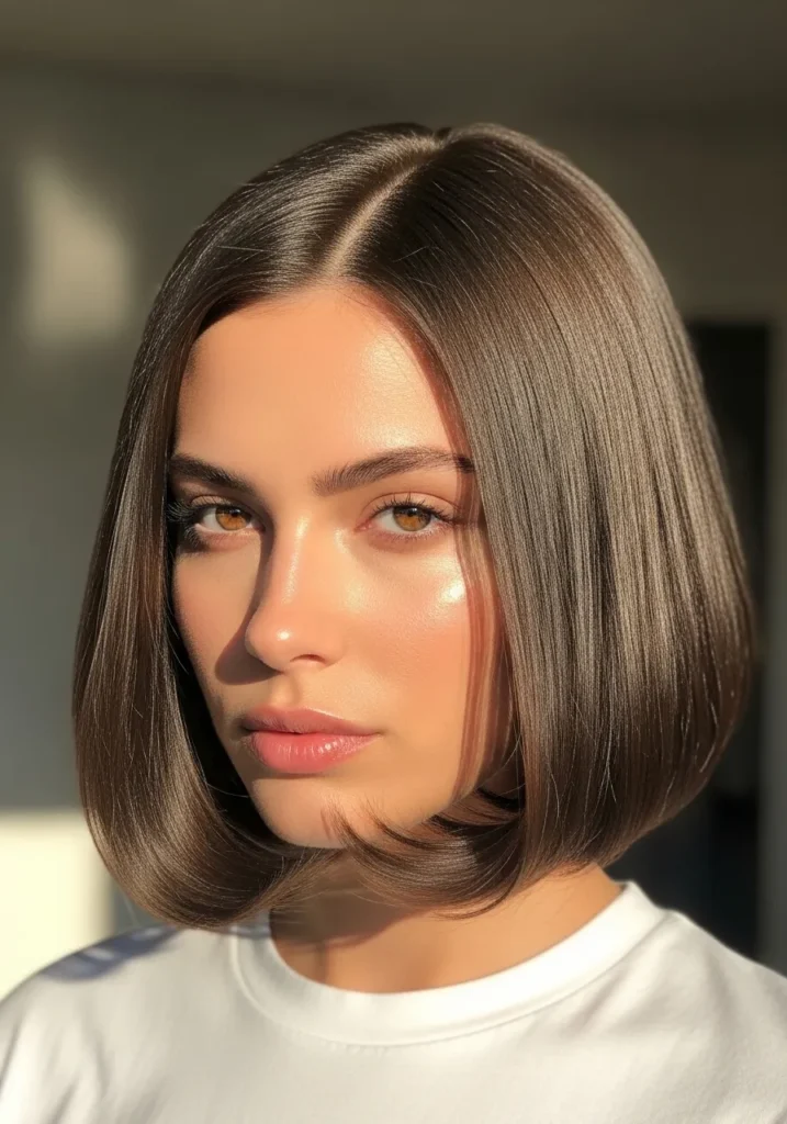 Chin length blunt bob with a smooth finish and softly curved ends in a rich brunette tone.