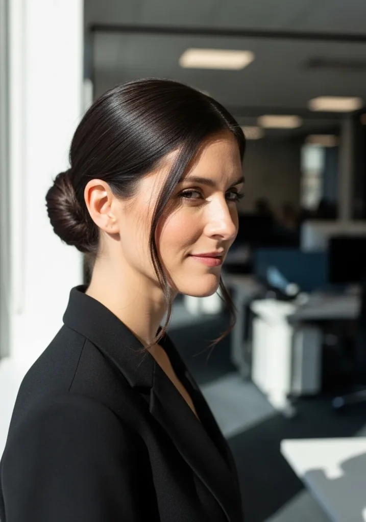 Low sleek bun with a side part and smooth polished finish for a refined look.