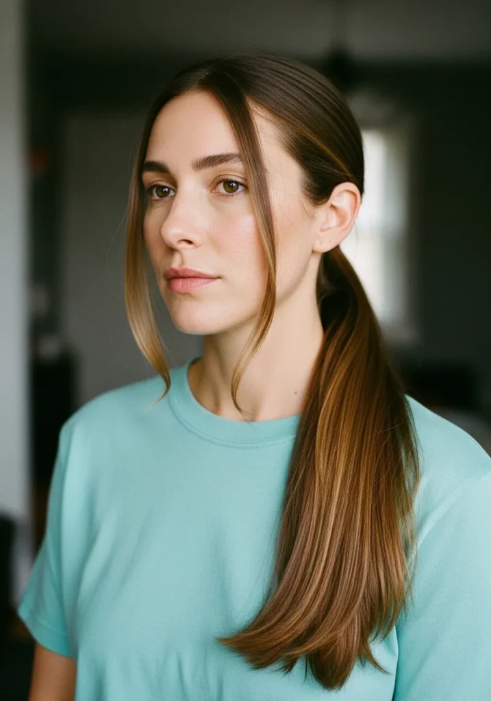 Long hair styled in a sleek low ponytail with a center part and smooth finish.