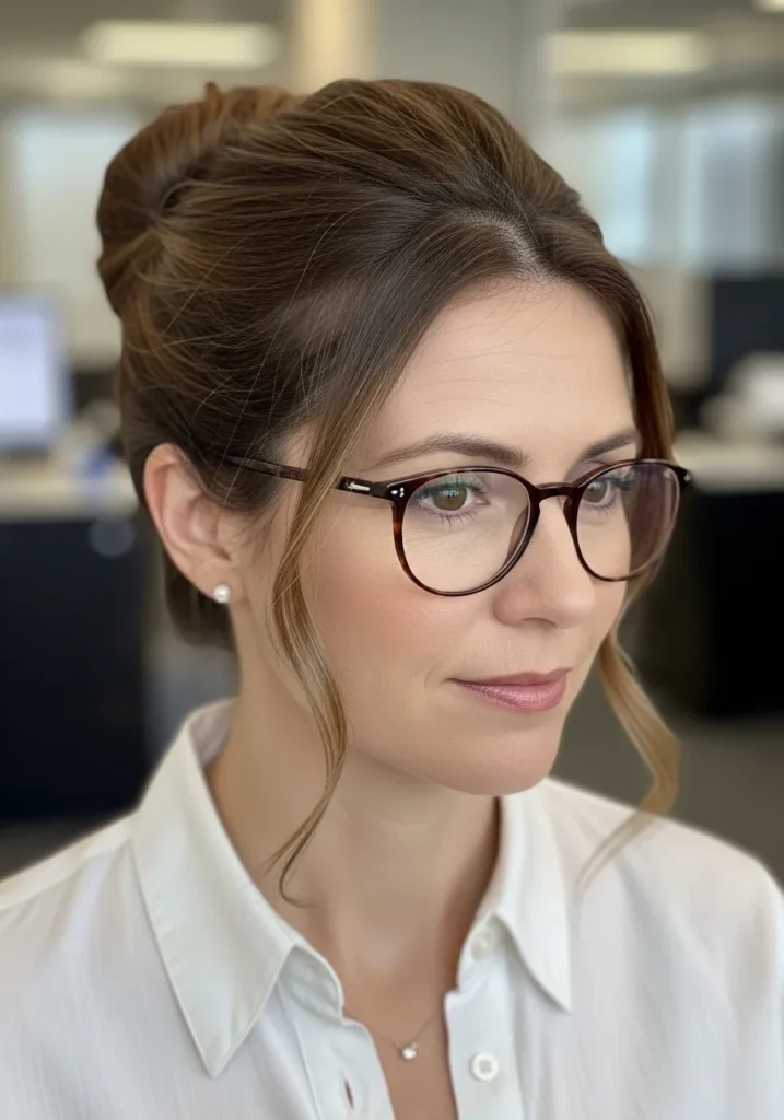 Low updo with softly pinned hair and loose face framing strands for a polished look.