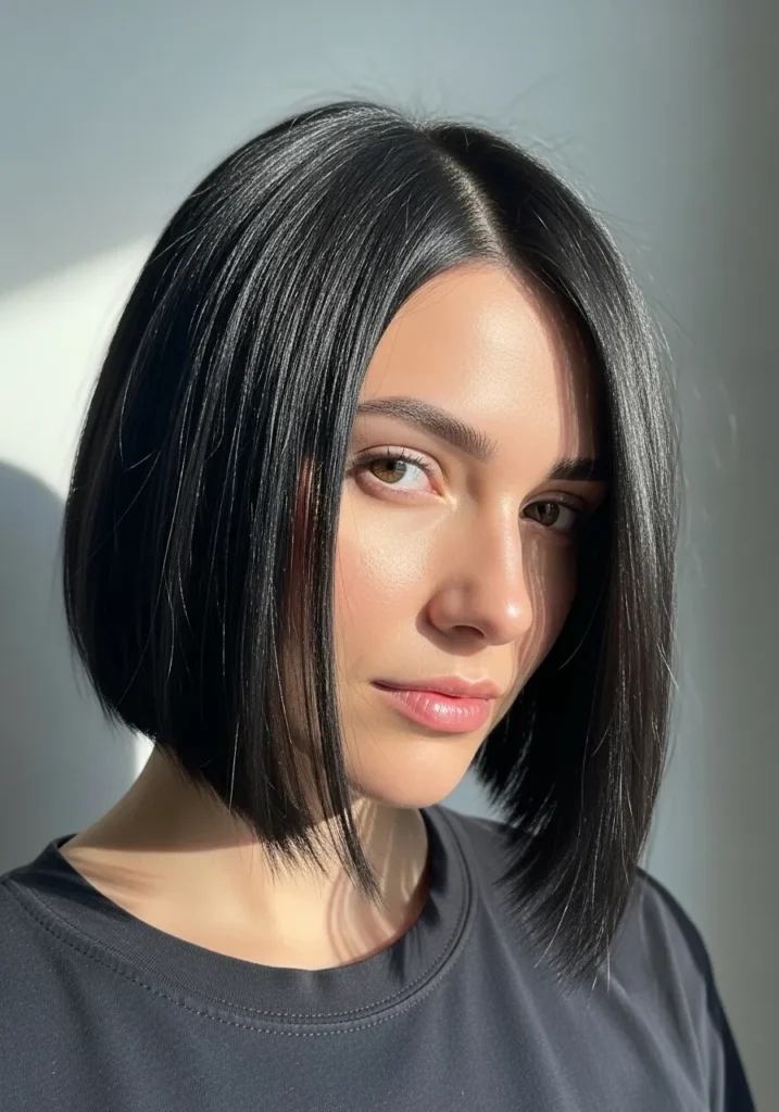 Straight sharp bob with a center part and sleek black finish.