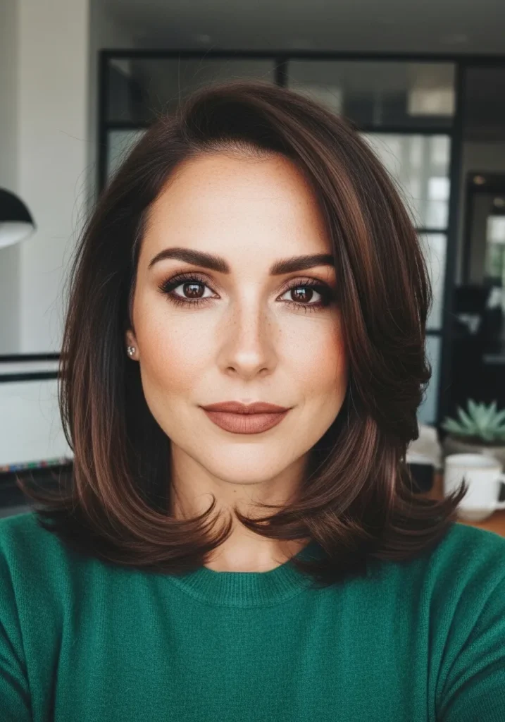 Shoulder length layered hair with a soft blowout and gentle volume in warm brown tones.