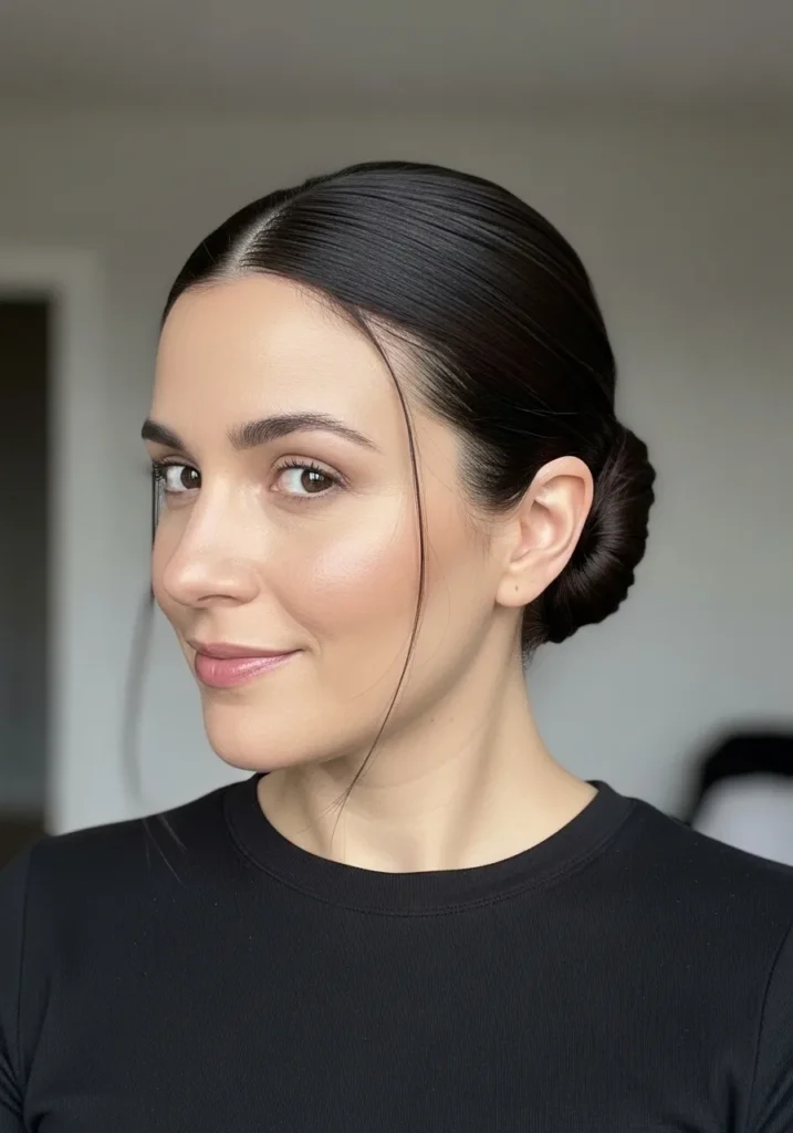 Sleek low bun with a smooth polished finish and neatly pulled back hair.
