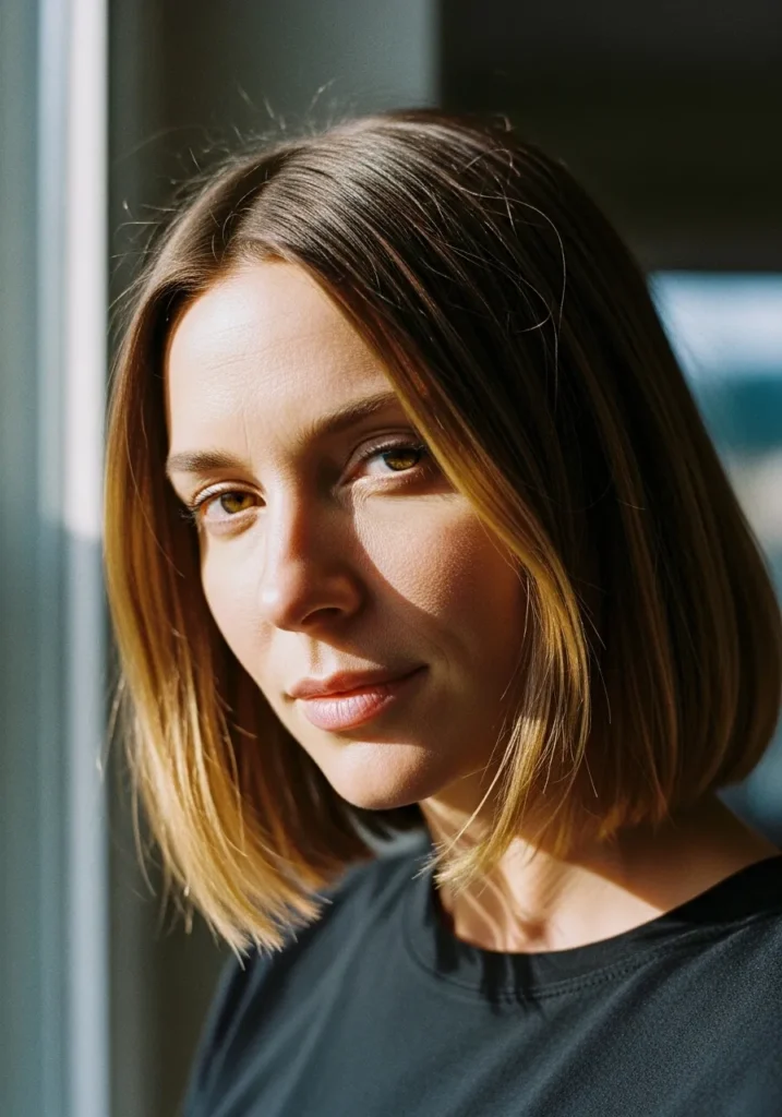 Shoulder length blunt lob with a smooth finish and soft natural shine in warm brunette tones.