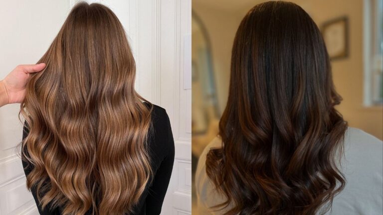 Long brunette hair styled in soft, loose waves with a smooth, glossy finish and subtle layered movement.
