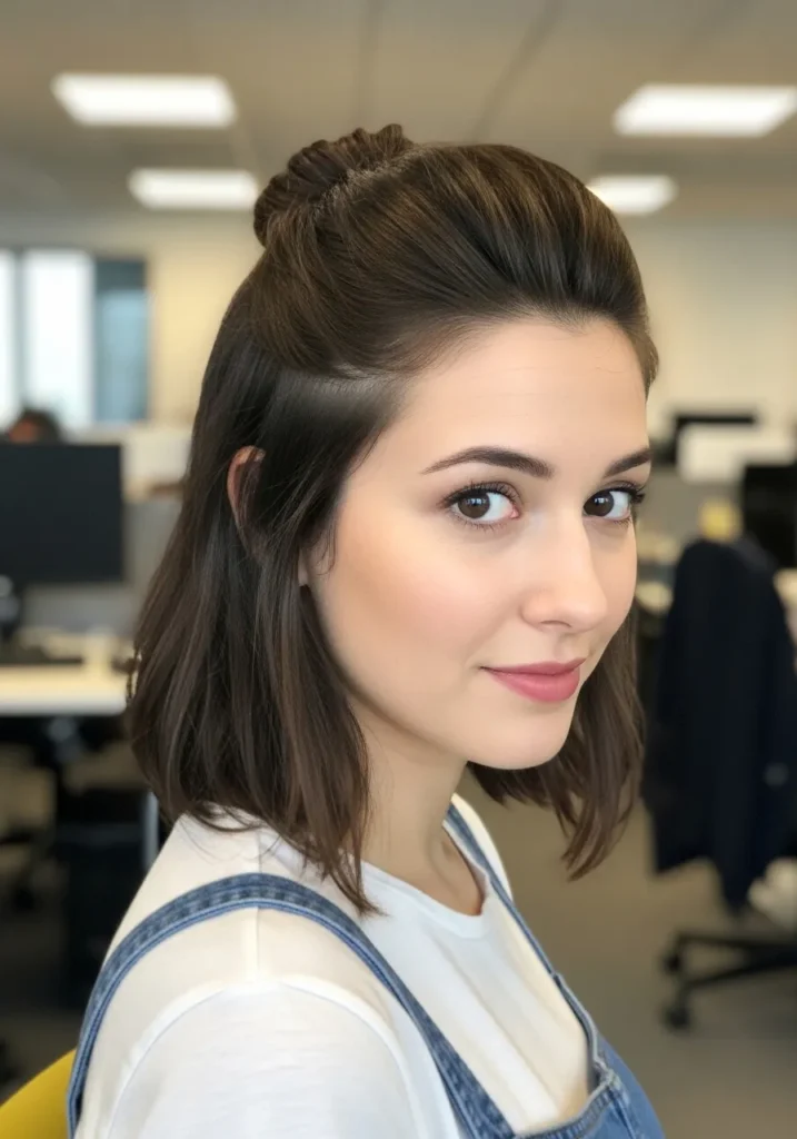 Medium length hair styled in a half up top knot with smooth ends and light volume at the crown.