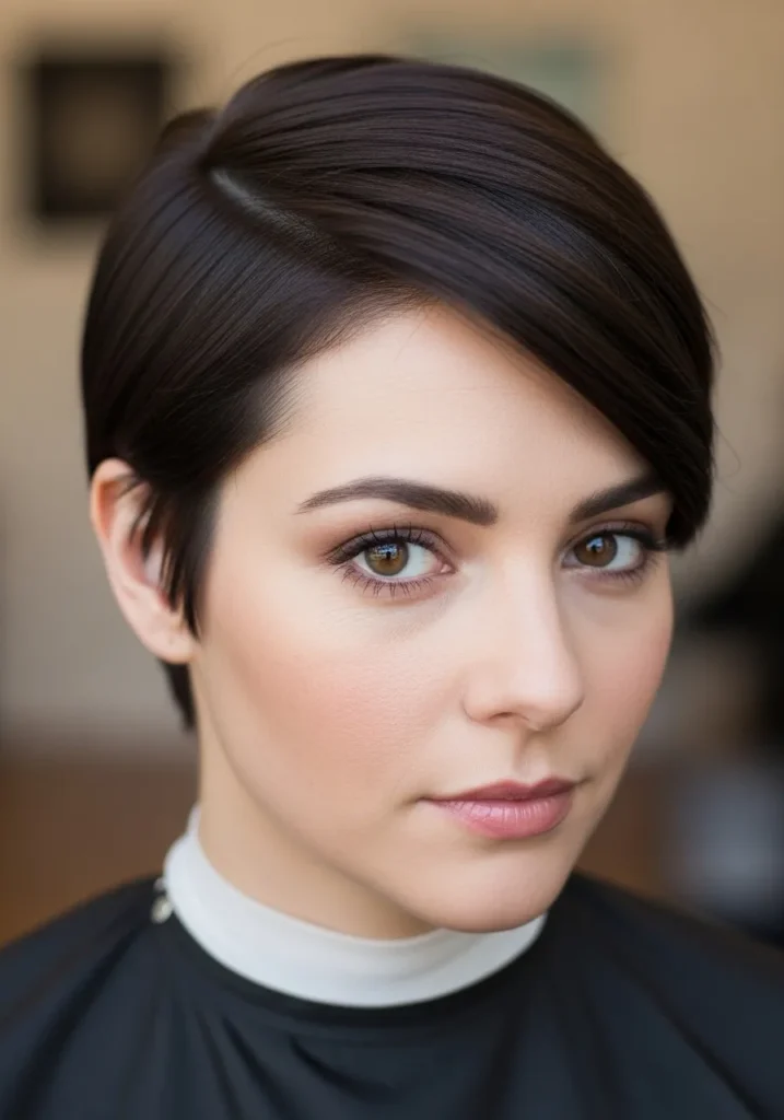 Short pixie haircut with a sleek side swept front and smooth dark brown finish.