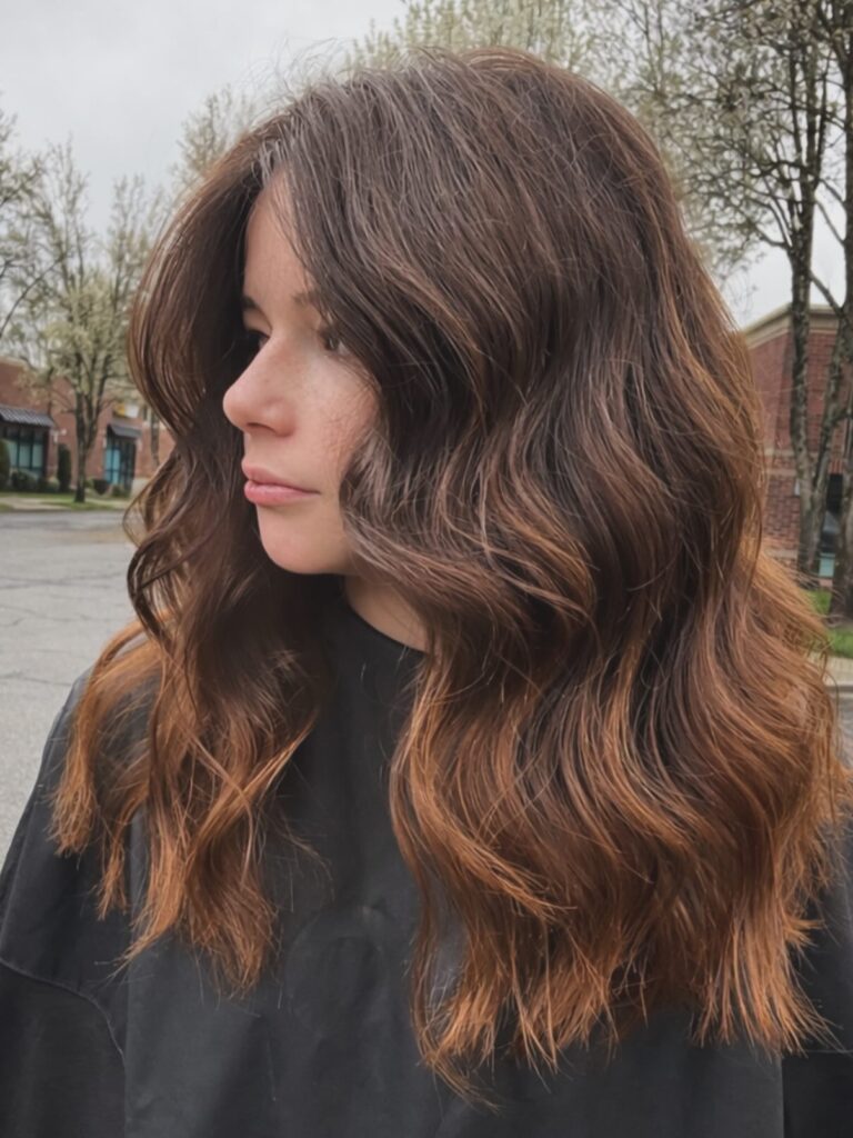 Long brunette hair with soft textured waves and subtle dimensional color.