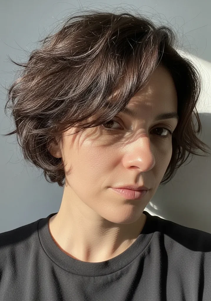 A woman with a short wavy pixie bob in a brunette shade with soft textured layers.