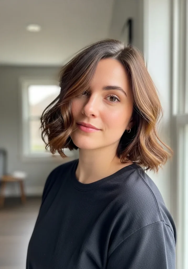 A woman with a short wavy brown bob styled with a soft side part and loose waves.