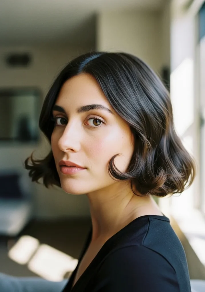 A woman with a short dark wavy bob styled with soft inward curves at the ends.
