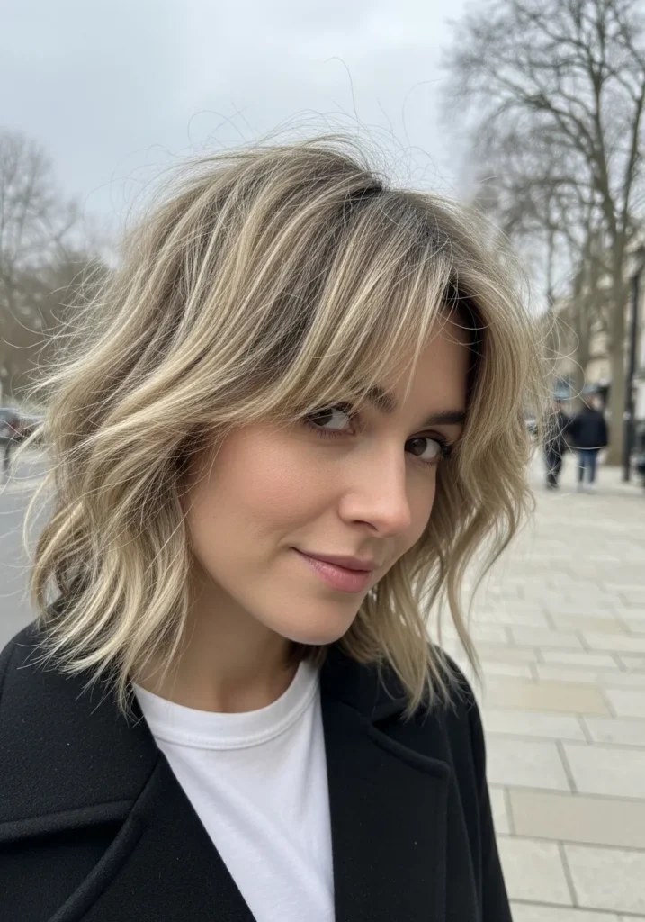 A woman with a blonde wavy lob featuring soft curtain layers and natural texture.