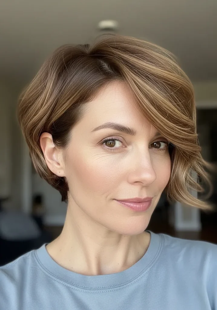 A woman with a short side swept wavy pixie cut with soft volume and light brown hair.
