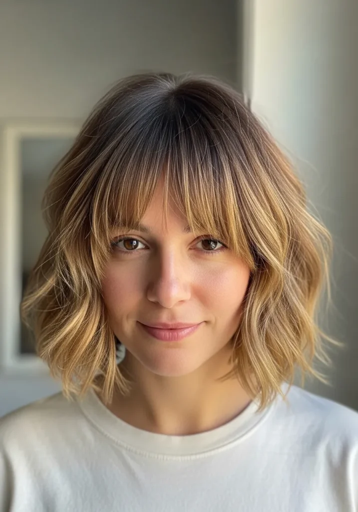A woman with a wavy bob and soft fringe in warm blonde tones with natural texture.