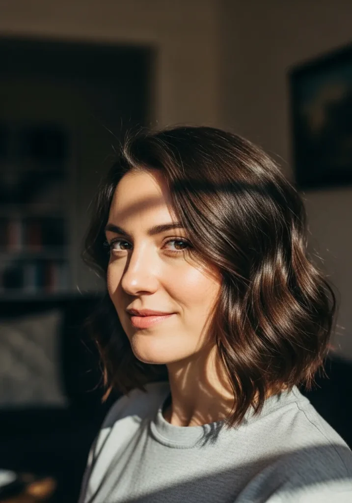 A woman with a short dark brown wavy bob styled with defined glossy waves.