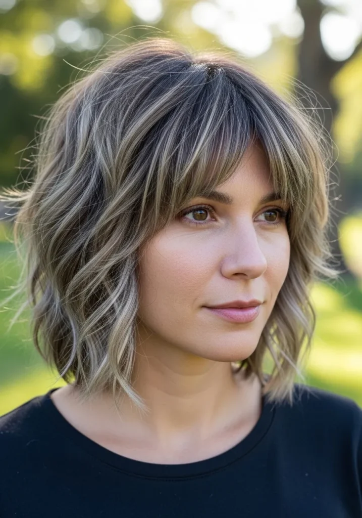 A woman with a short wavy bob featuring soft layers and natural light brown and blonde dimension.
