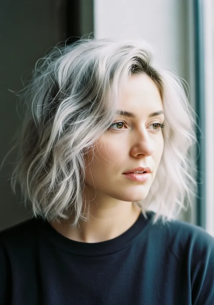 A woman with a tousled platinum blonde wavy bob with soft texture and volume.