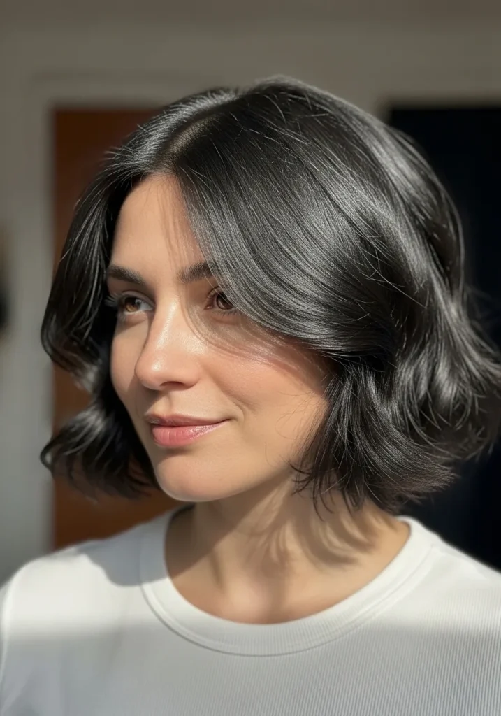 A woman with a short dark wavy bob styled with smooth subtle bends and a sleek finish.